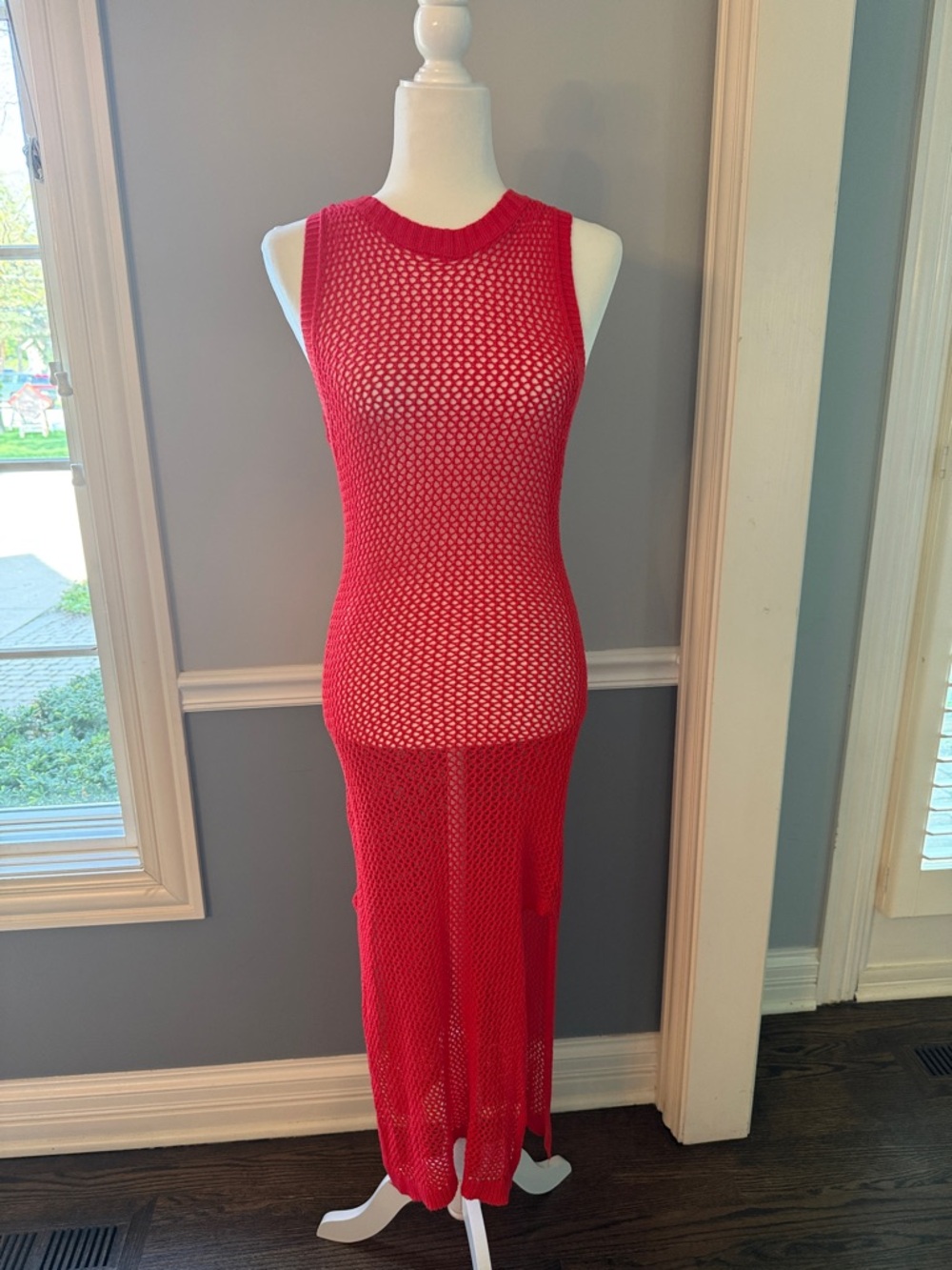 Red Sleeveless Mesh Maxi Dress